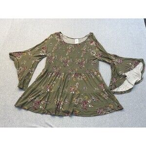 Time And Tru Shirt Womens XL Green Floral Flare Sleeve Boho Lagenlook Tiered